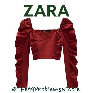 ZARA V-Neck Crop Top with Puff Shoulders Size XS